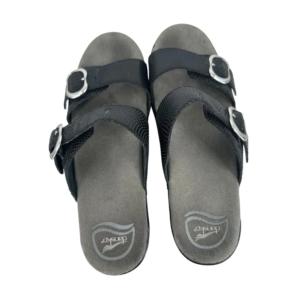 Dansko Sophie Black Snake Embossed Leather Wedge Slide Sandals Womens 39 Buckle
